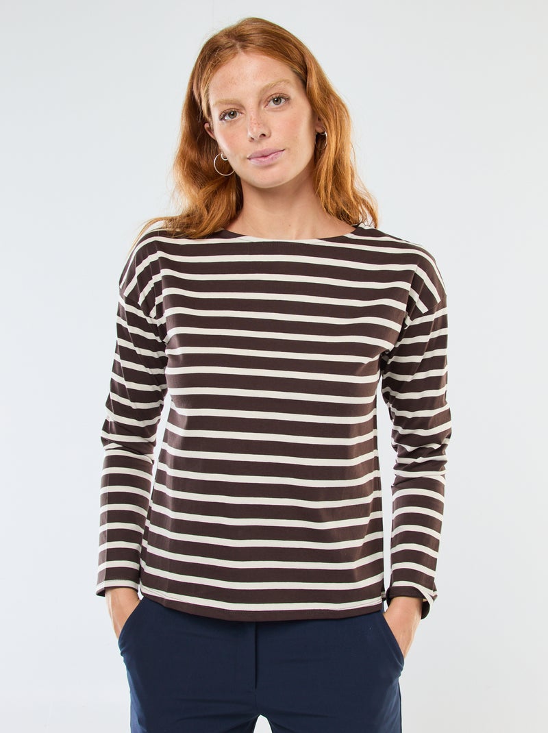 Camiseta de punto con mangas largas y estampado de rayas Marron - Kiabi