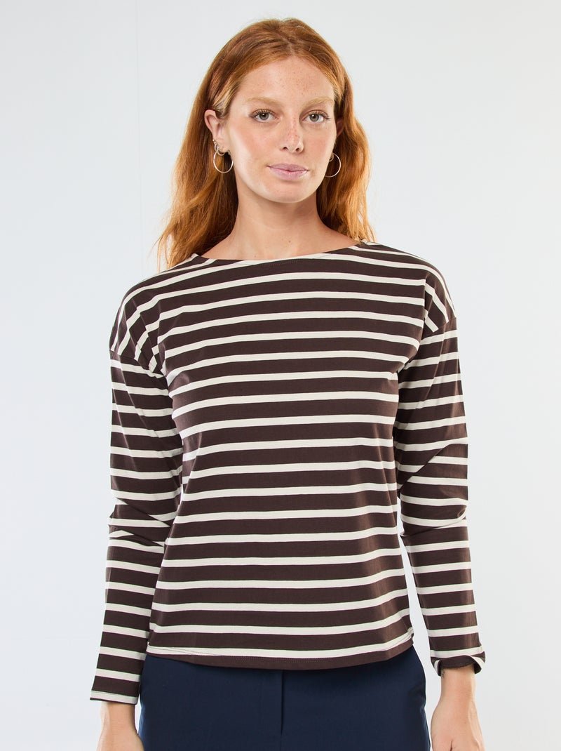 Camiseta de punto con mangas largas y estampado de rayas Marron - Kiabi