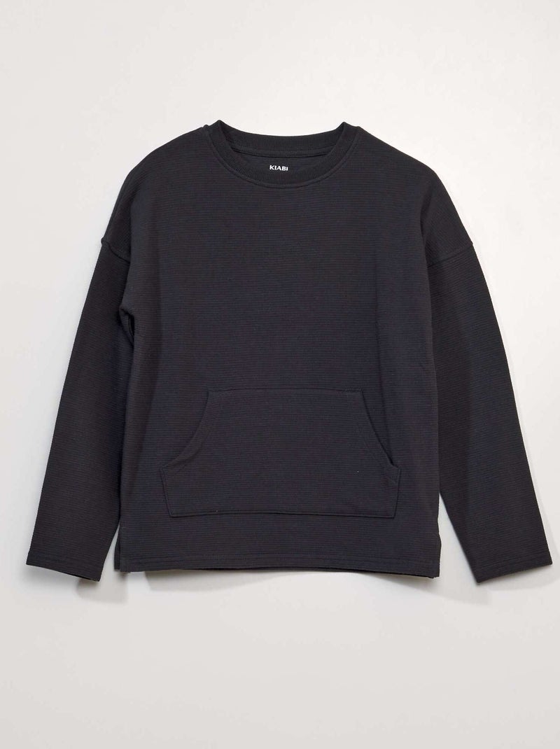Camiseta de punto con textura con bolsillo canguro NEGRO - Kiabi