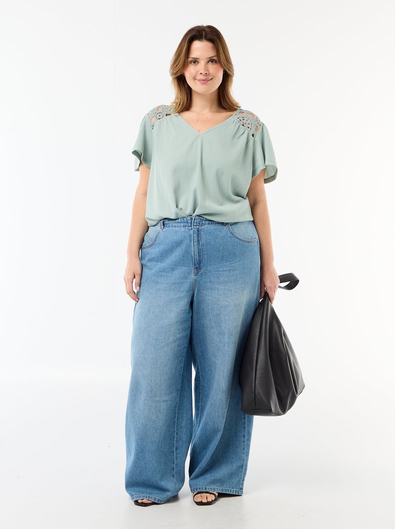 Camiseta de punto crepé y macramé Azul - Kiabi