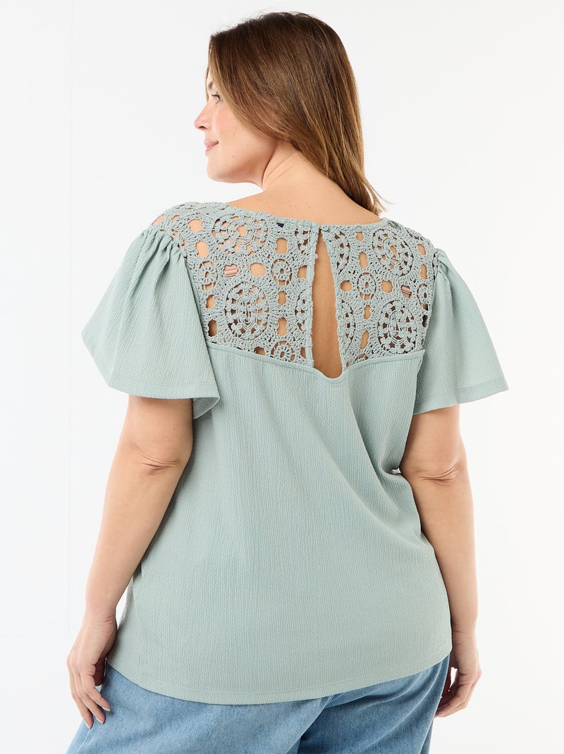 Camiseta de punto crepé y macramé Azul - Kiabi