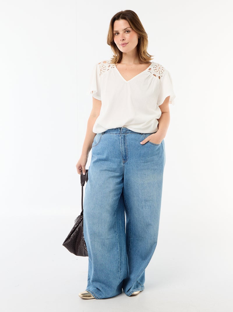 Camiseta de punto crepé y macramé Blanco - Kiabi