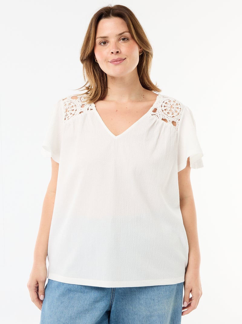 Camiseta de punto crepé y macramé Blanco - Kiabi