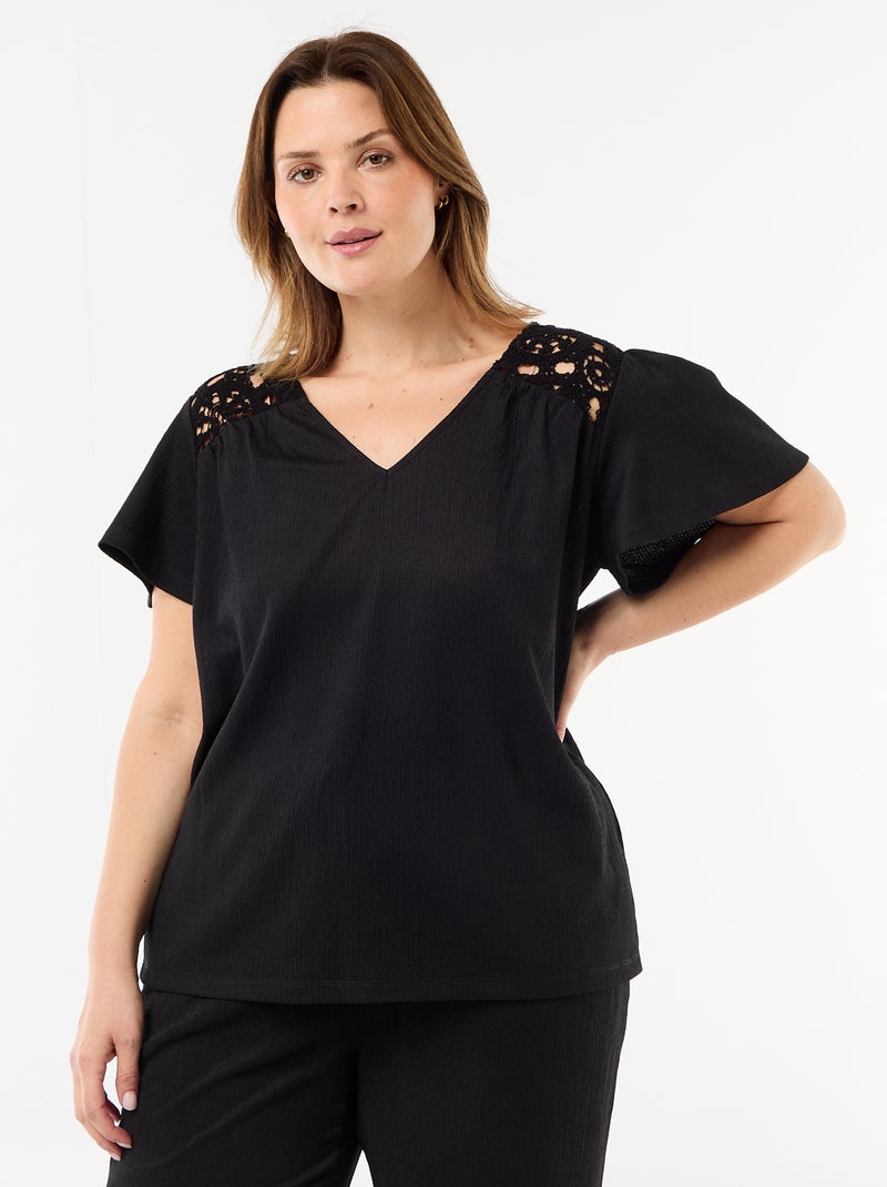 Camiseta de punto crepé y macramé Negro - Kiabi