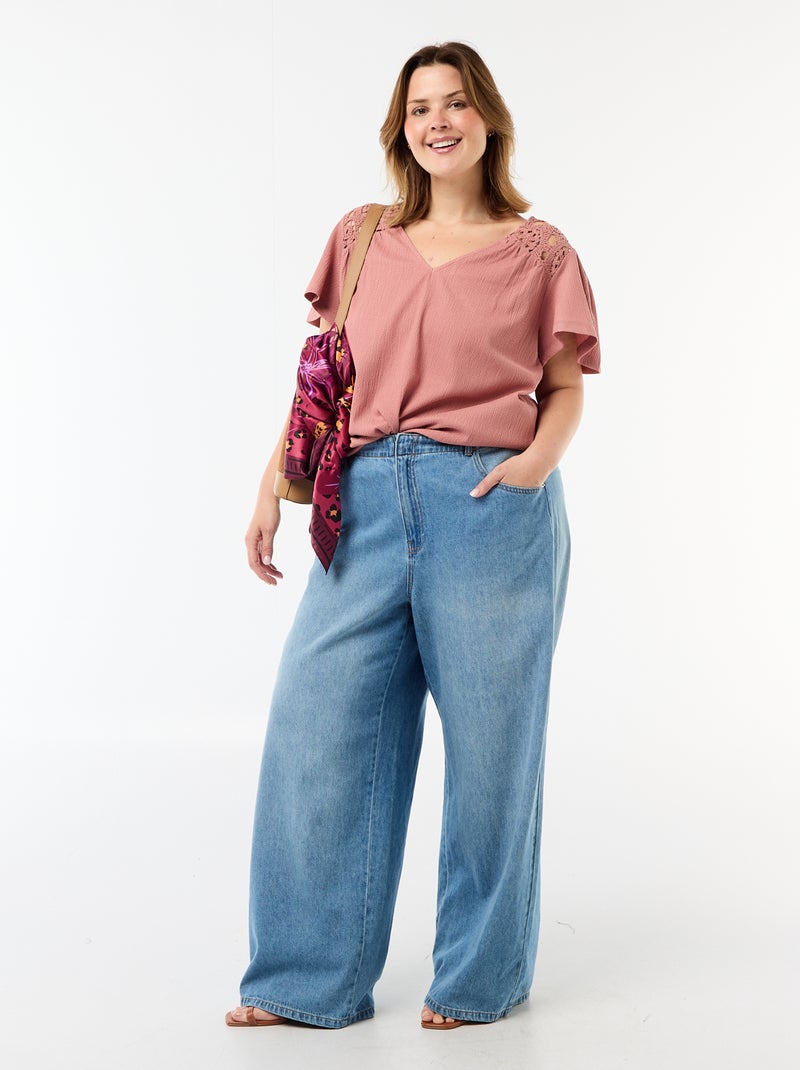 Camiseta de punto crepé y macramé Rosa - Kiabi