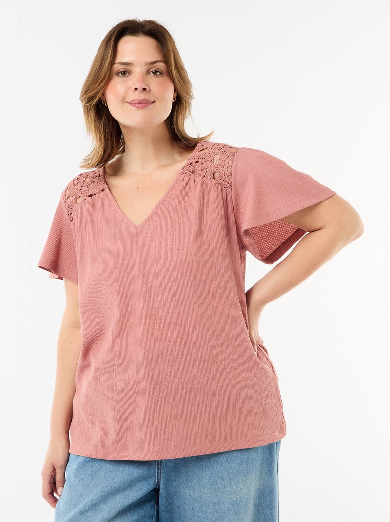 Camiseta de punto crepé y macramé Rosa - Kiabi