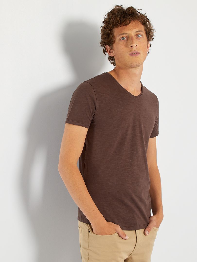 Camiseta de punto de algodón puro marrón oscuro - Kiabi