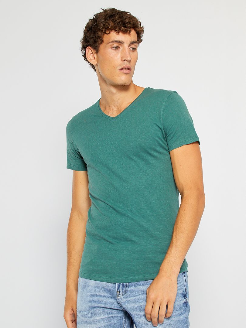 Camiseta de punto de algodón puro verde oscuro - Kiabi