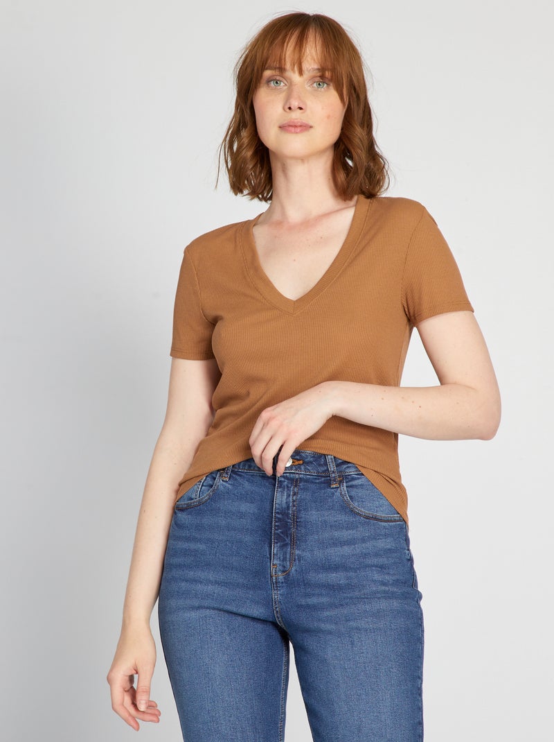 Camiseta de punto de canalé Beige - Kiabi
