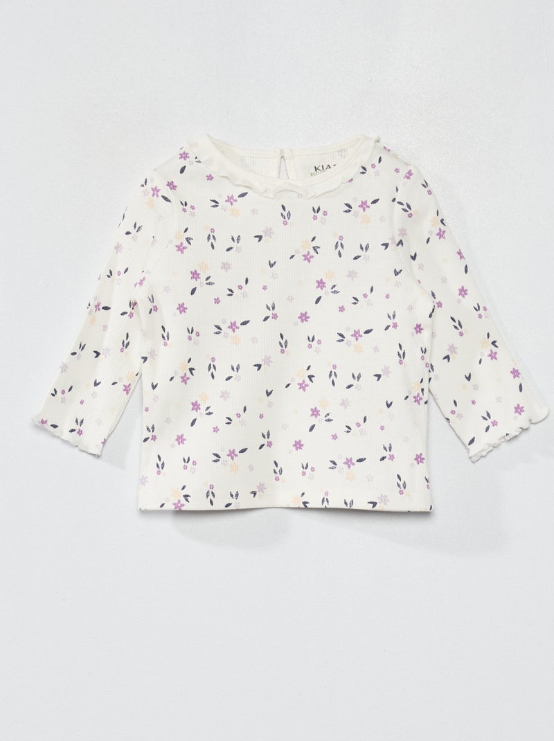 Camiseta de punto de canalé con volante en el cuello BLANCO - Kiabi