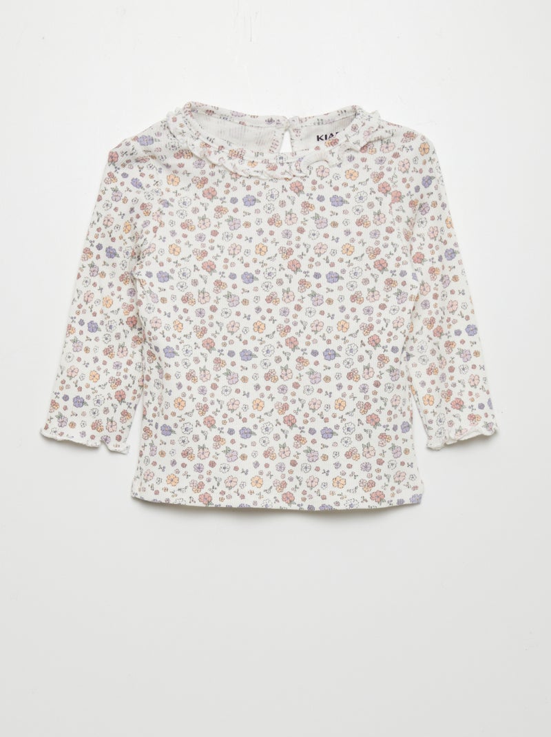 Camiseta de punto de canalé con volante en el cuello BLANCO - Kiabi