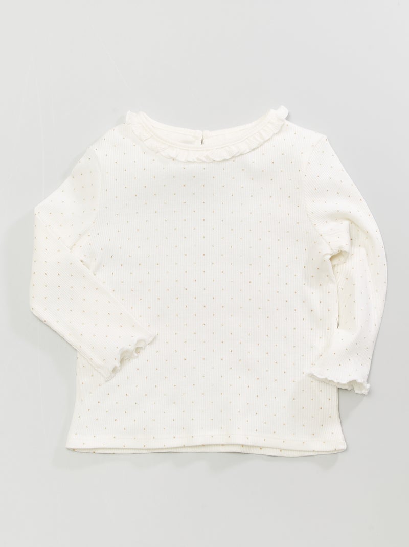 Camiseta de punto de canalé con volante en el cuello BLANCO - Kiabi