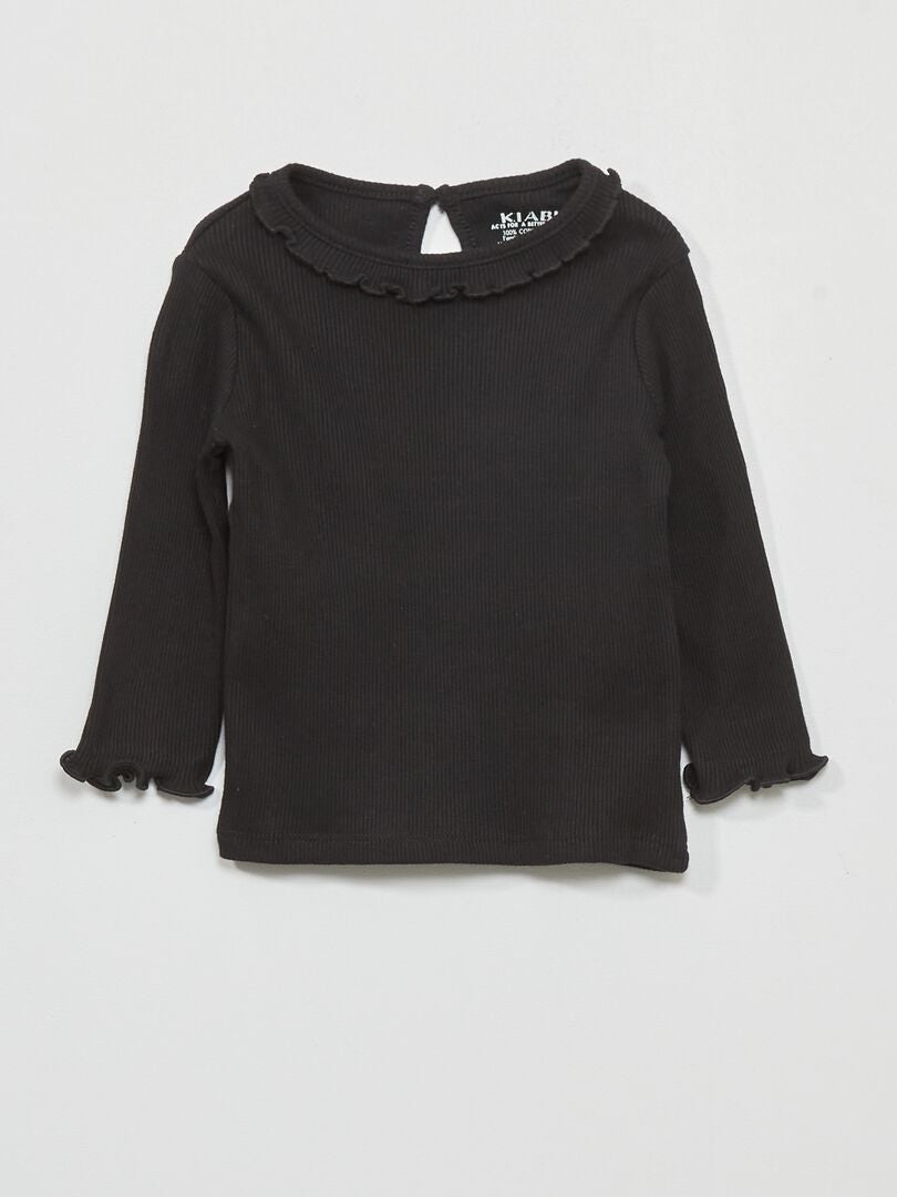 Camiseta de punto de canalé con volante en el cuello Negro - Kiabi