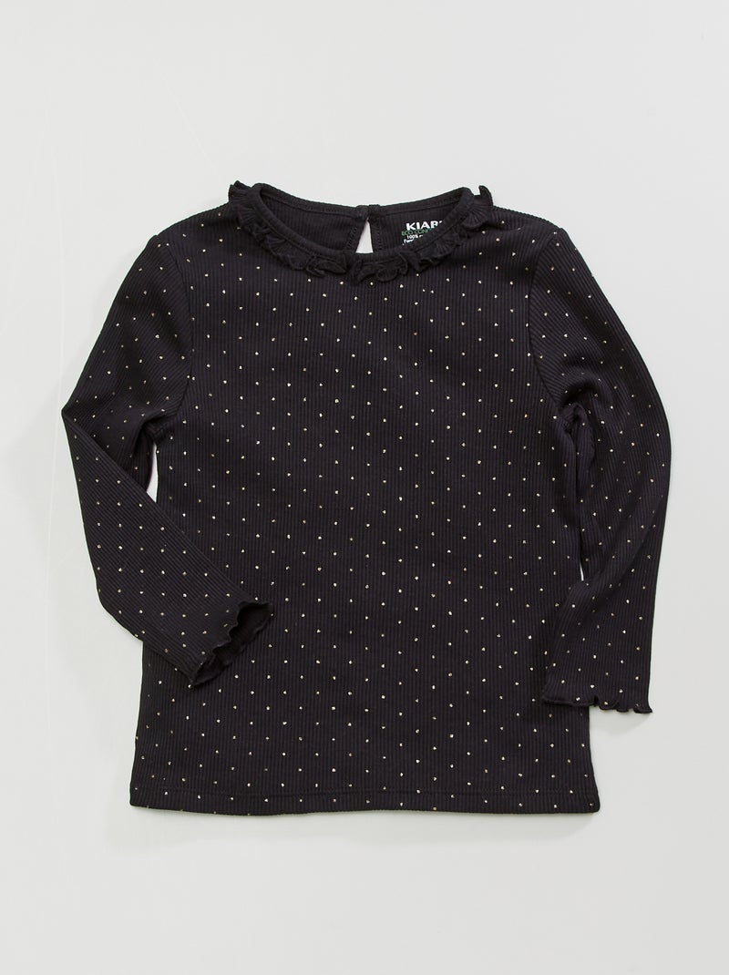 Camiseta de punto de canalé con volante en el cuello NEGRO - Kiabi
