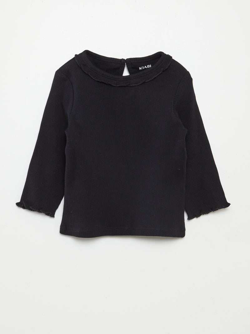 Camiseta de punto de canalé con volante en el cuello NEGRO - Kiabi