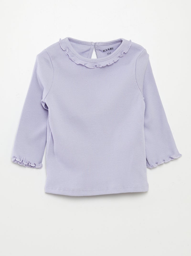 Camiseta de punto de canalé con volante en el cuello PURPURA - Kiabi
