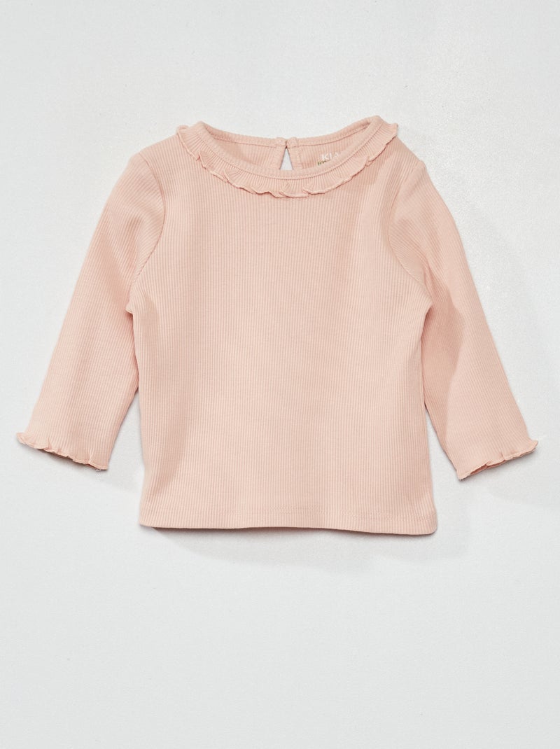 Camiseta de punto de canalé con volante en el cuello ROSA - Kiabi