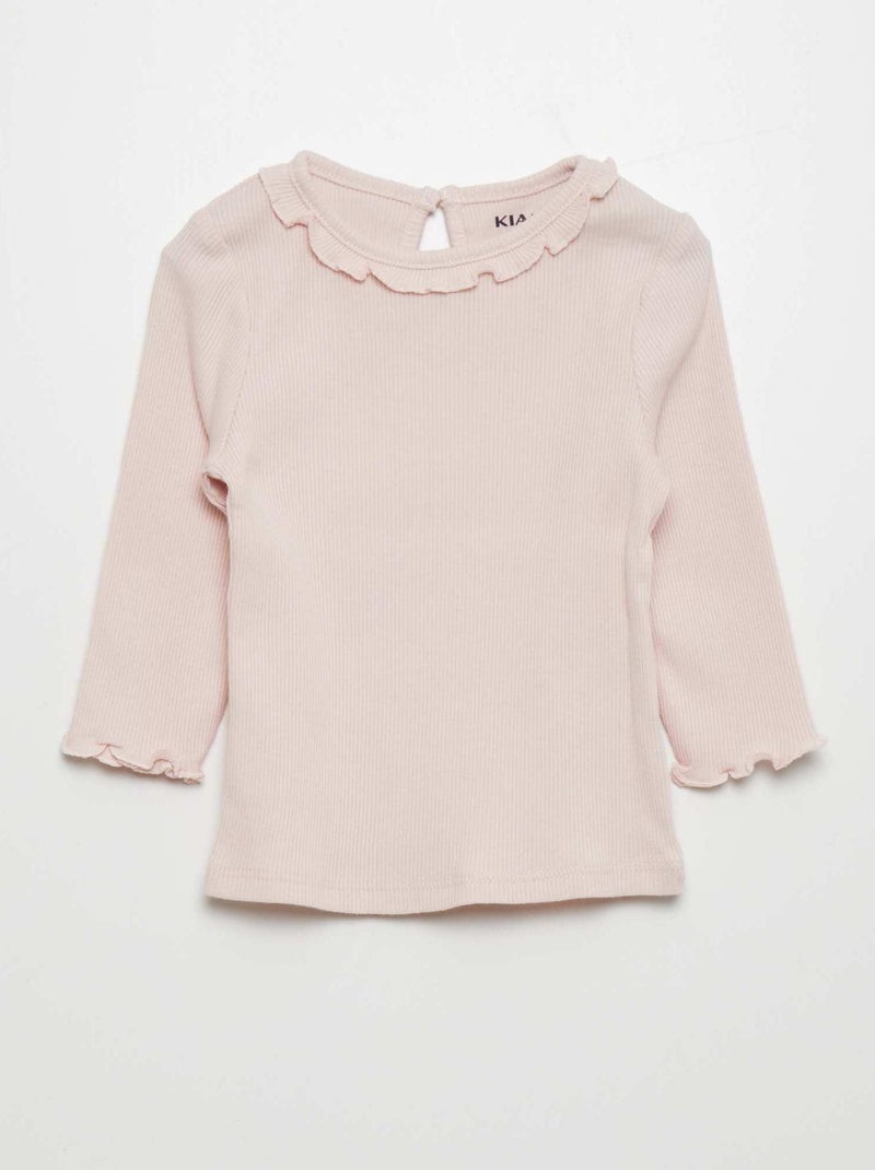 Camiseta de punto de canalé con volante en el cuello ROSA - Kiabi