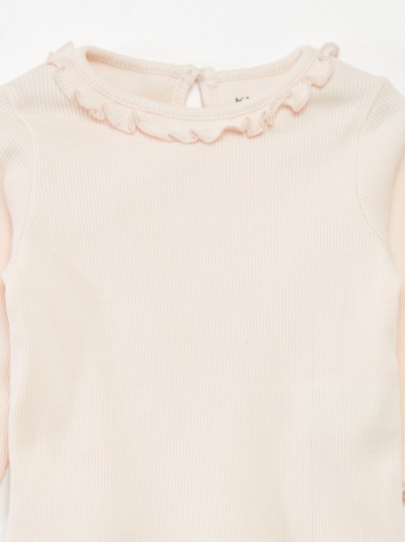 Camiseta de punto de canalé con volante en el cuello ROSA - Kiabi