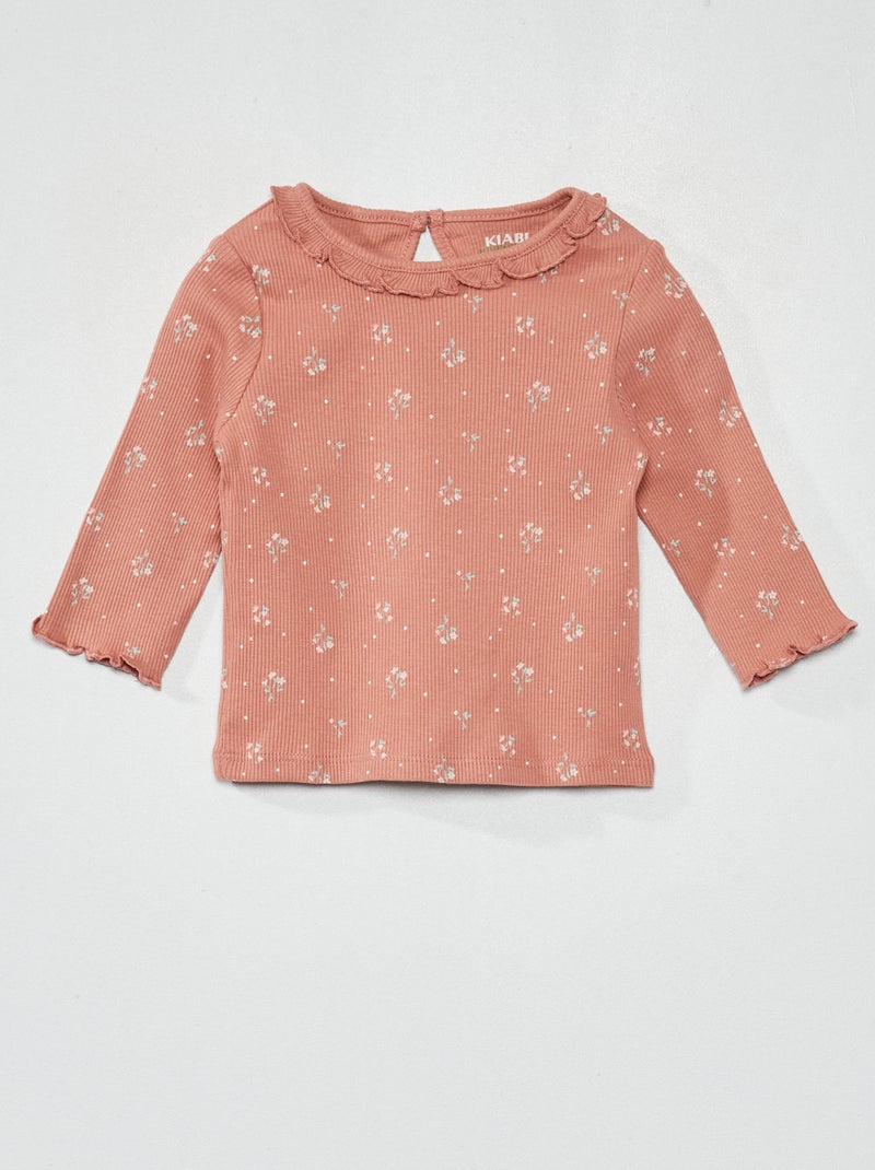 Camiseta de punto de canalé con volante en el cuello ROSA - Kiabi