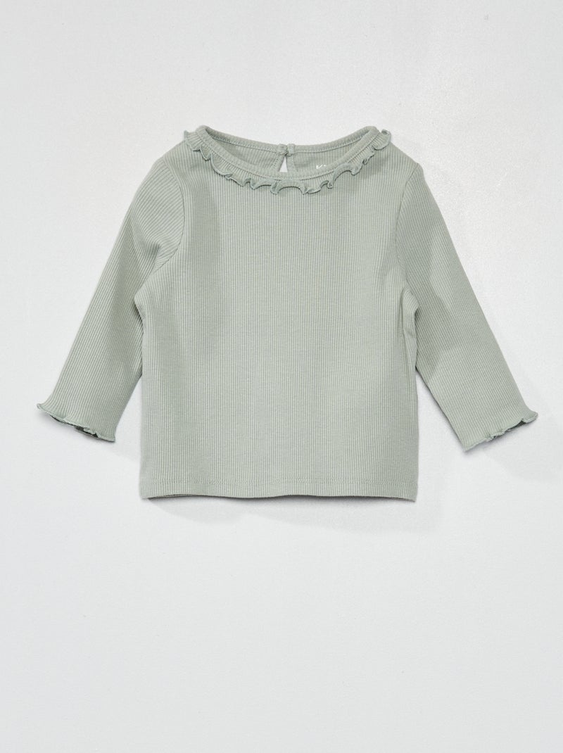 Camiseta de punto de canalé con volante en el cuello verde ceniciento - Kiabi