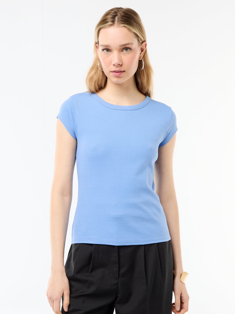 Camiseta de punto de canalé y manga corta Azul - Kiabi