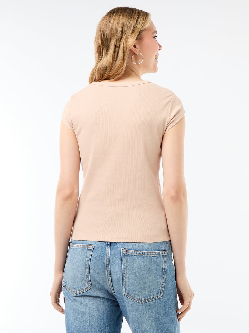 Camiseta de punto de canalé y manga corta Beige - Kiabi