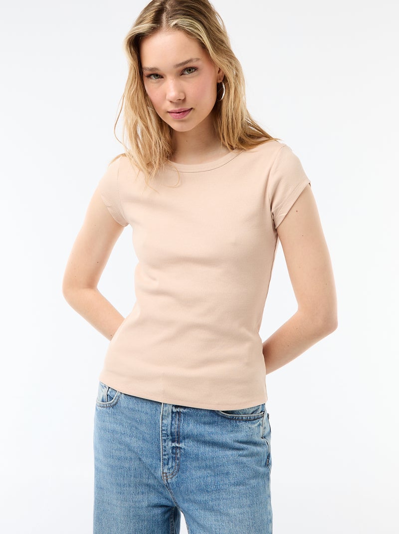 Camiseta de punto de canalé y manga corta Beige - Kiabi