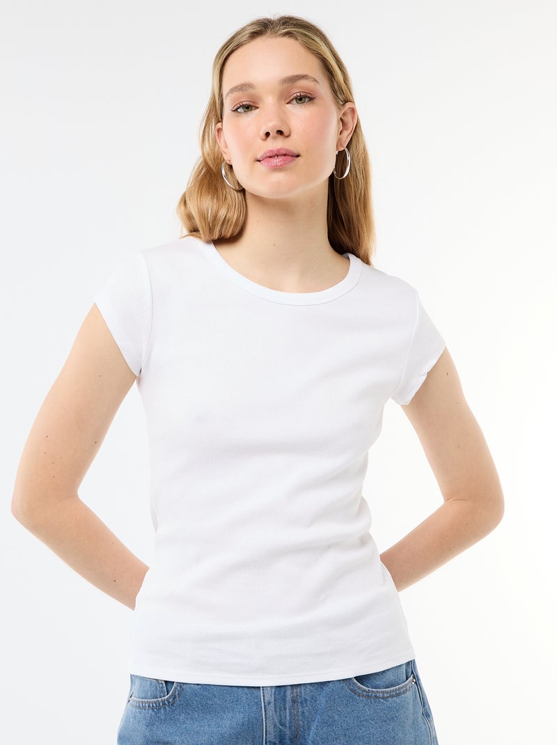 Camiseta de punto de canalé y manga corta Blanco - Kiabi