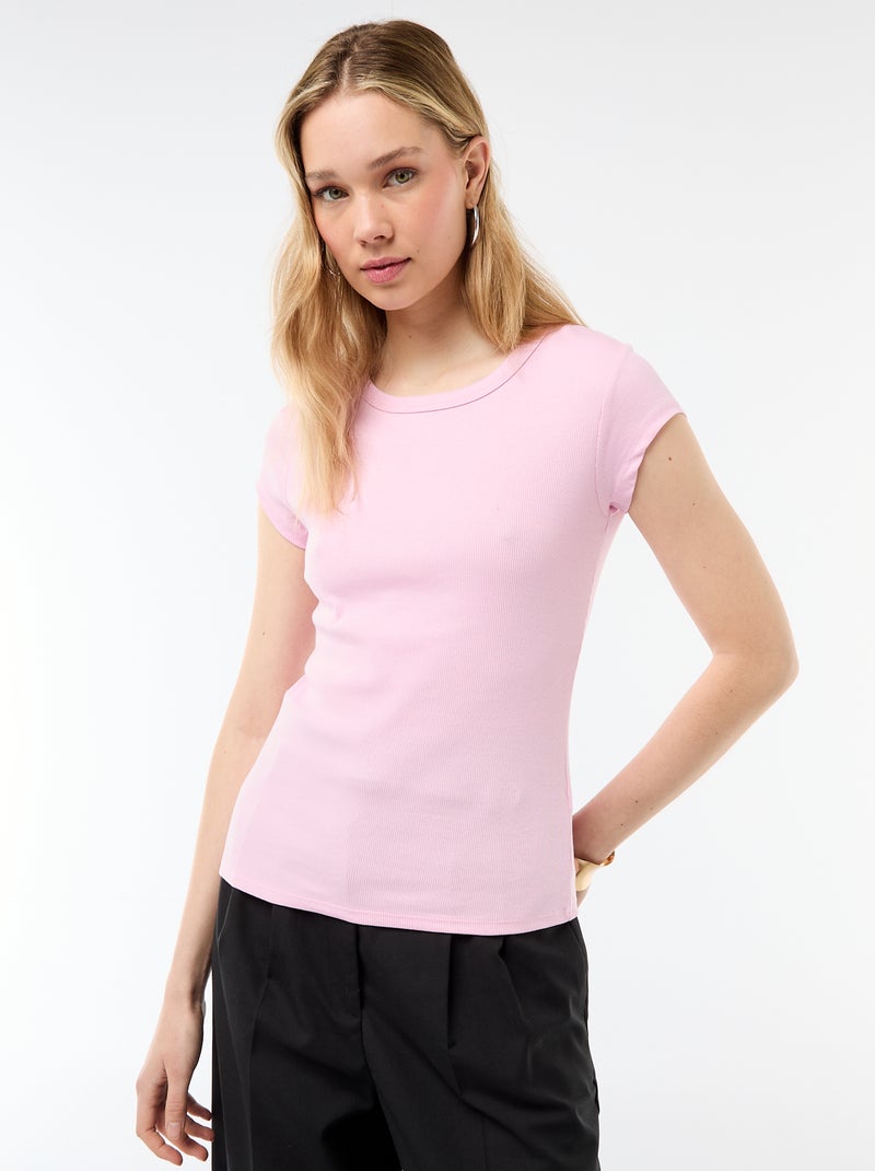 Camiseta de punto de canalé y manga corta Rosa - Kiabi