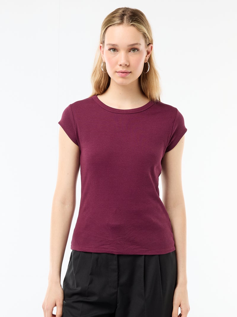 Camiseta de punto de canalé y manga corta Rosa - Kiabi