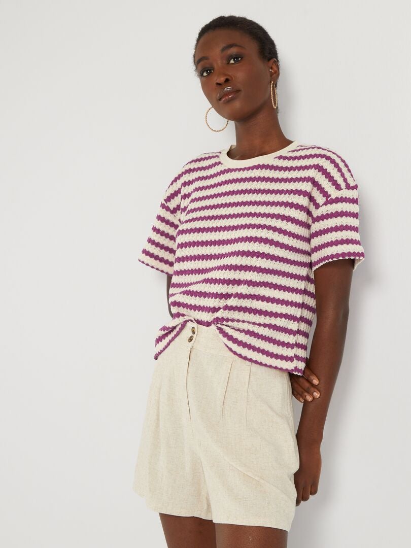 Camiseta de punto de croché a rayas Malva - Kiabi