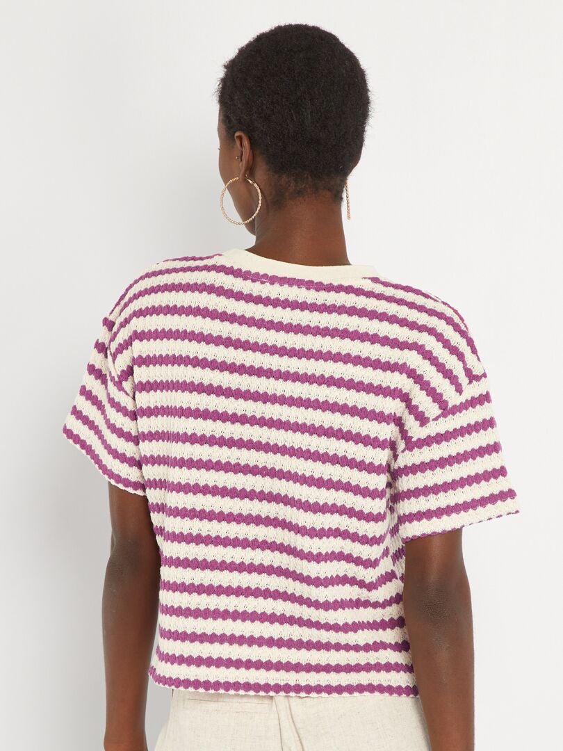 Camiseta de punto de croché a rayas Malva - Kiabi