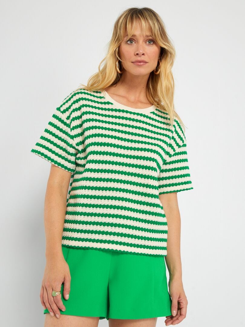 Camiseta de punto de croché a rayas Verde - Kiabi