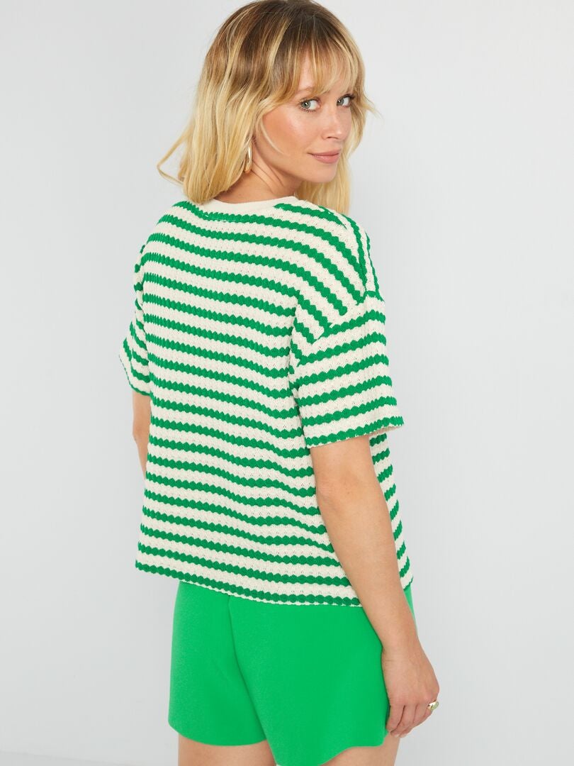Camiseta de punto de croché a rayas Verde - Kiabi
