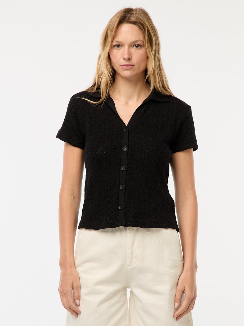 Camiseta de punto de croché con cuello de polo negro - Kiabi