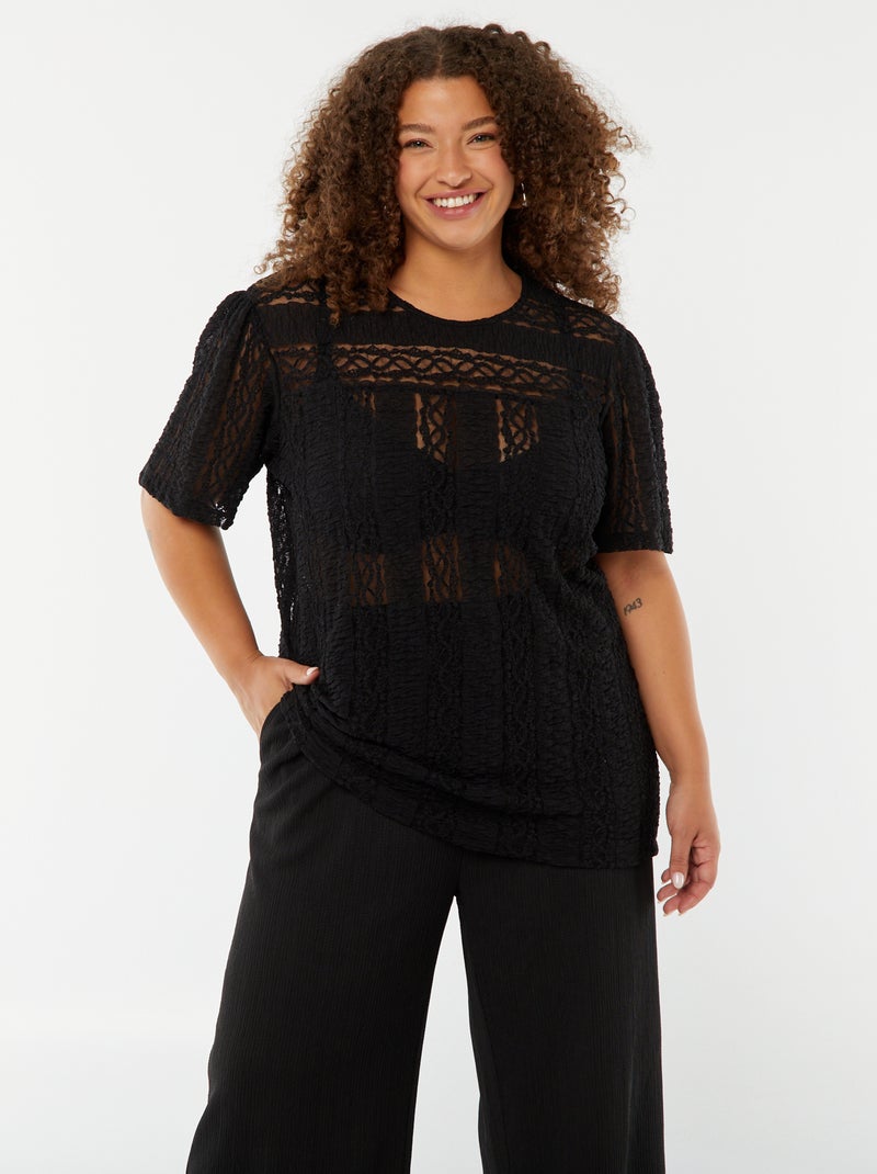 Camiseta de punto de encaje de manga corta negro - Kiabi