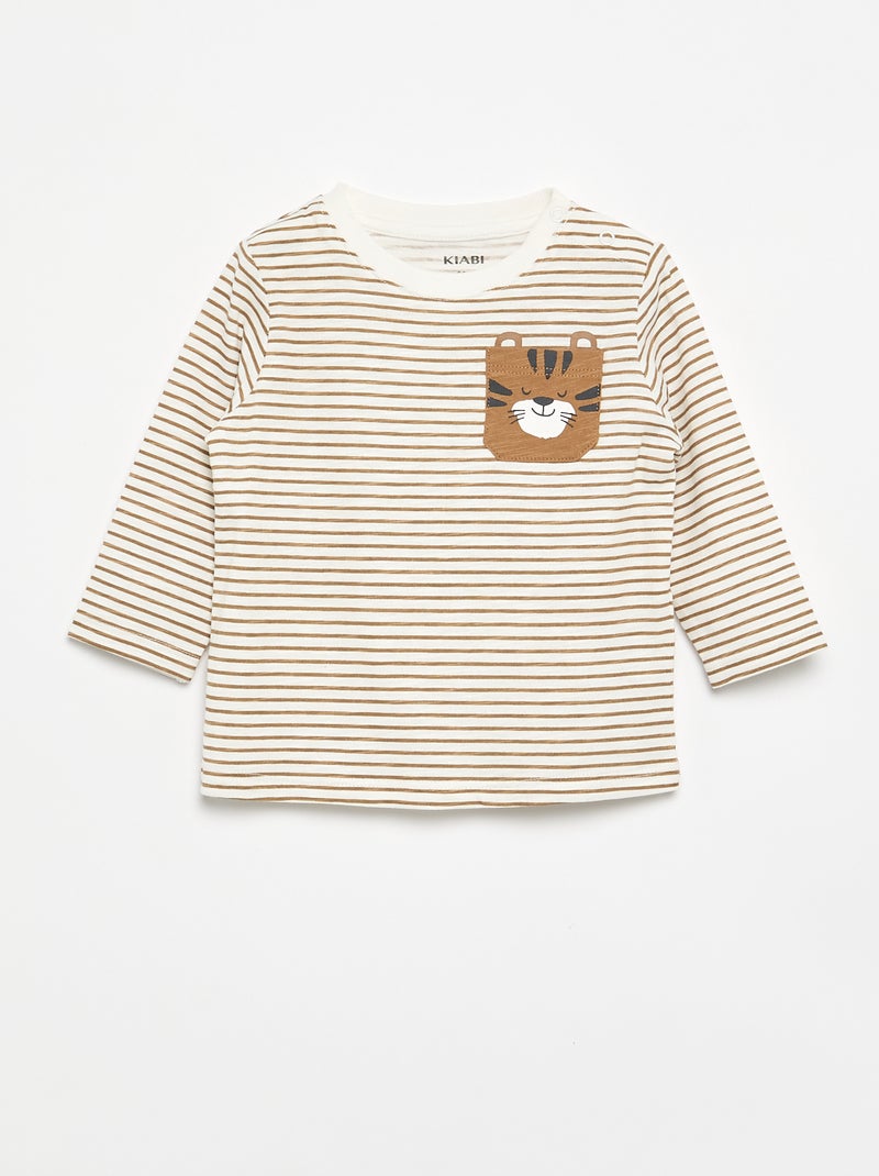 Camiseta de punto de rayas de manga larga Beige - Kiabi