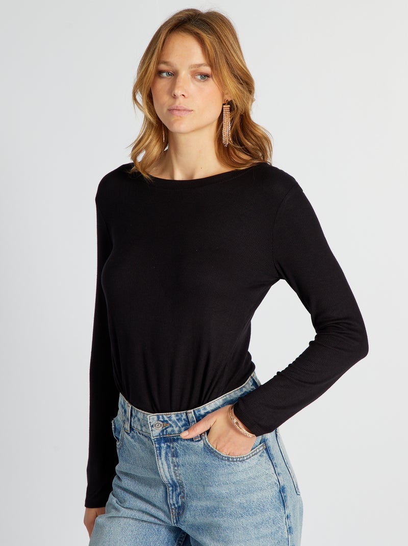 Camiseta de punto elástico de canalé negro - Kiabi