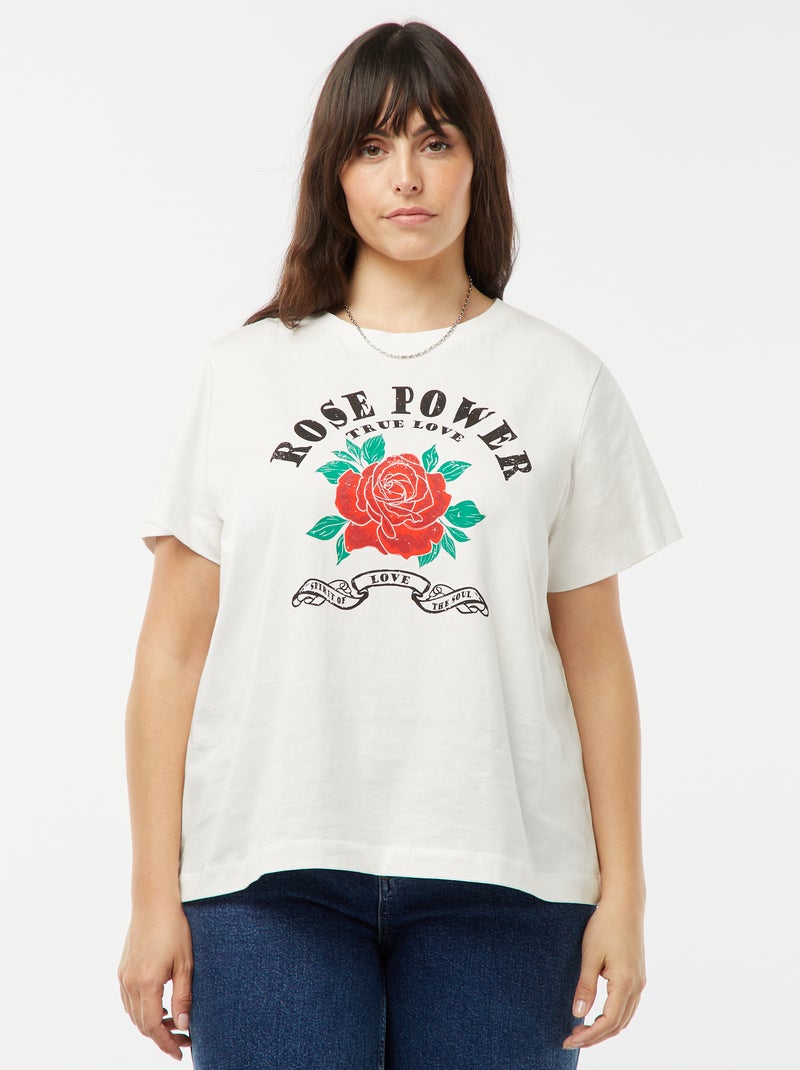 Camiseta de punto estampado 'rosa' delantero BLANCO - Kiabi
