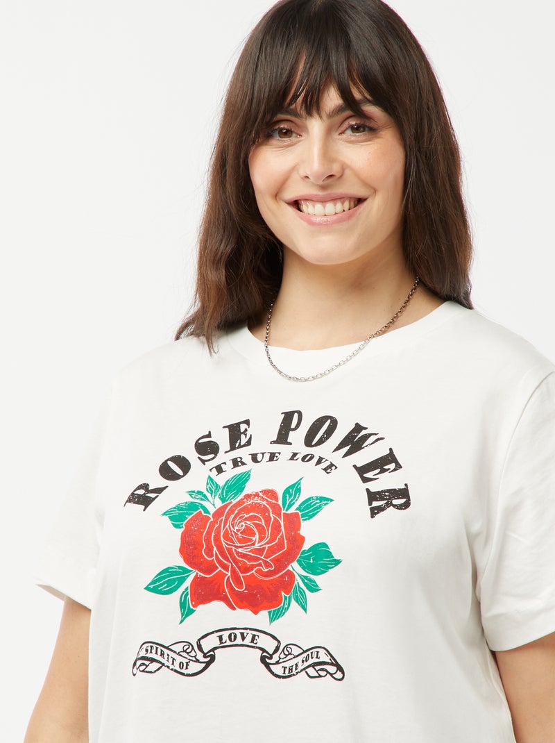 Camiseta de punto estampado 'rosa' delantero BLANCO - Kiabi