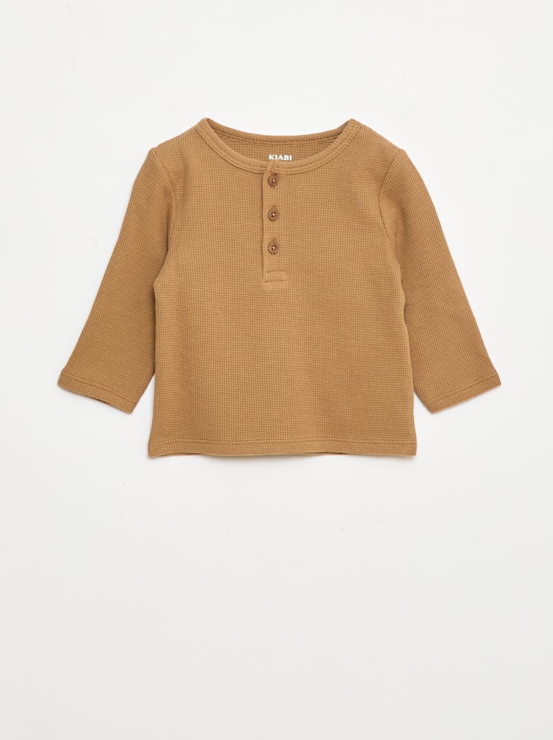 Camiseta de punto gofrado con cuello panadero Beige - Kiabi