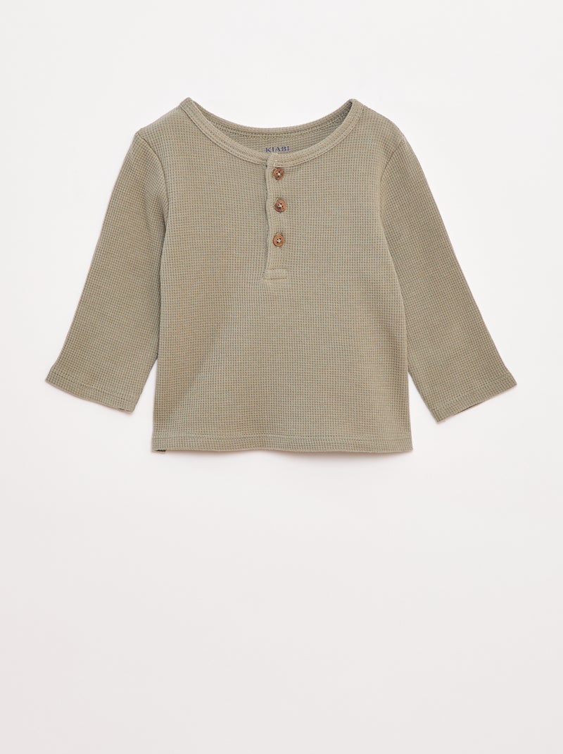 Camiseta de punto gofrado con cuello panadero Verde - Kiabi
