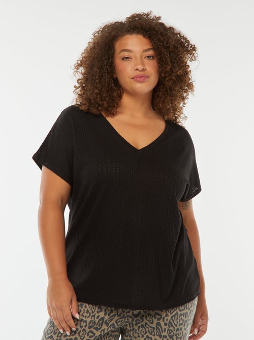 Camiseta de punto gofrado y calado de manga corta - Kiabi