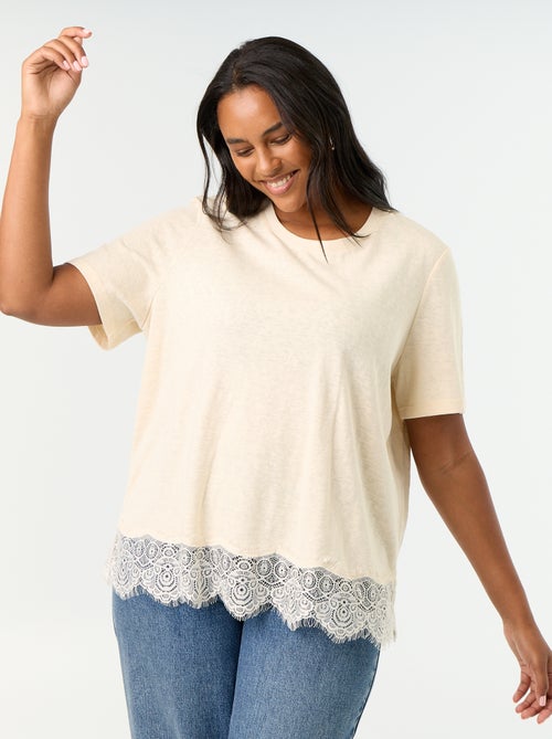 Camiseta de punto jaspeado con bajo de encaje - Kiabi Camiseta de punto jaspeado con bajo de encaje - Kiabi