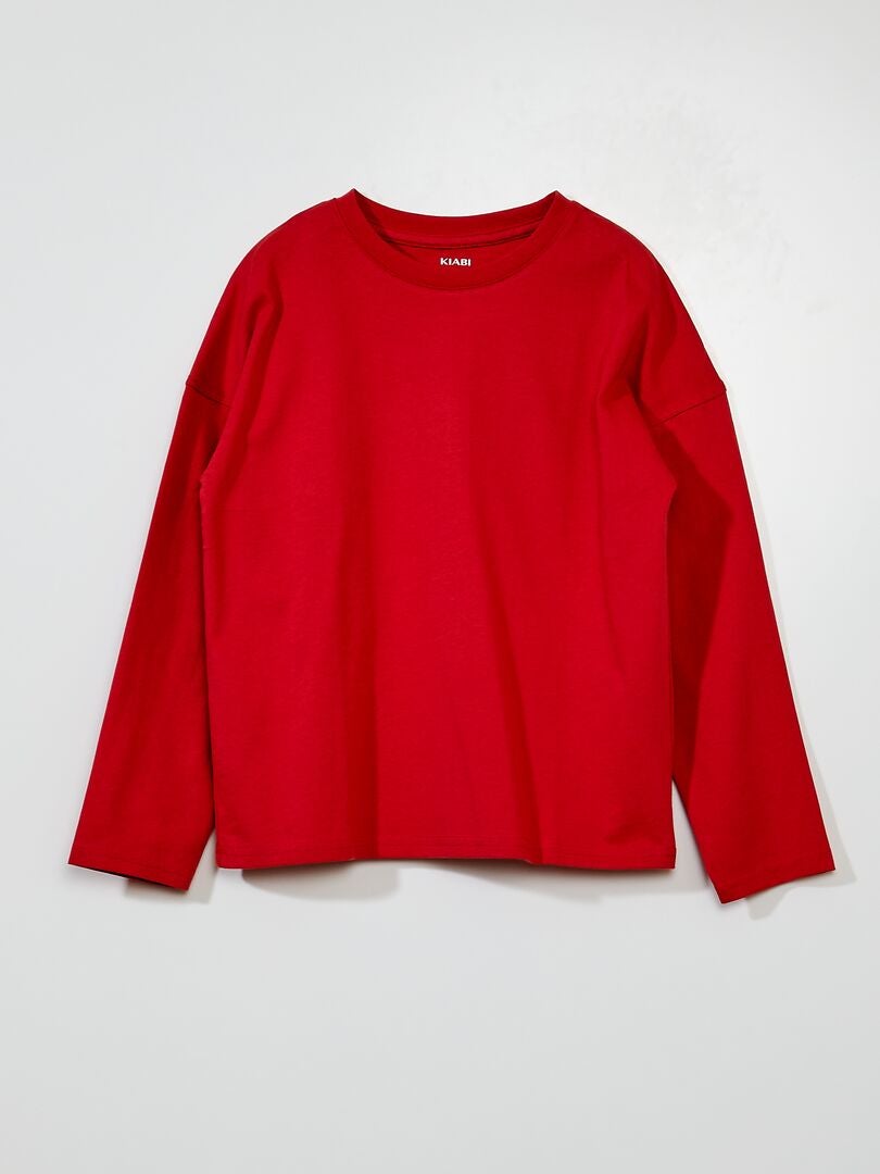 Camiseta de punto lisa de manga larga rojo frambuesa - Kiabi