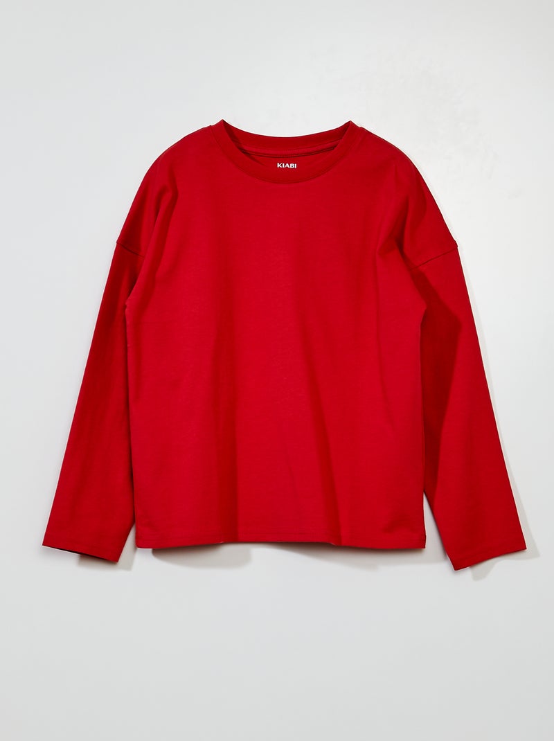 Camiseta de punto lisa de manga larga rojo frambuesa - Kiabi