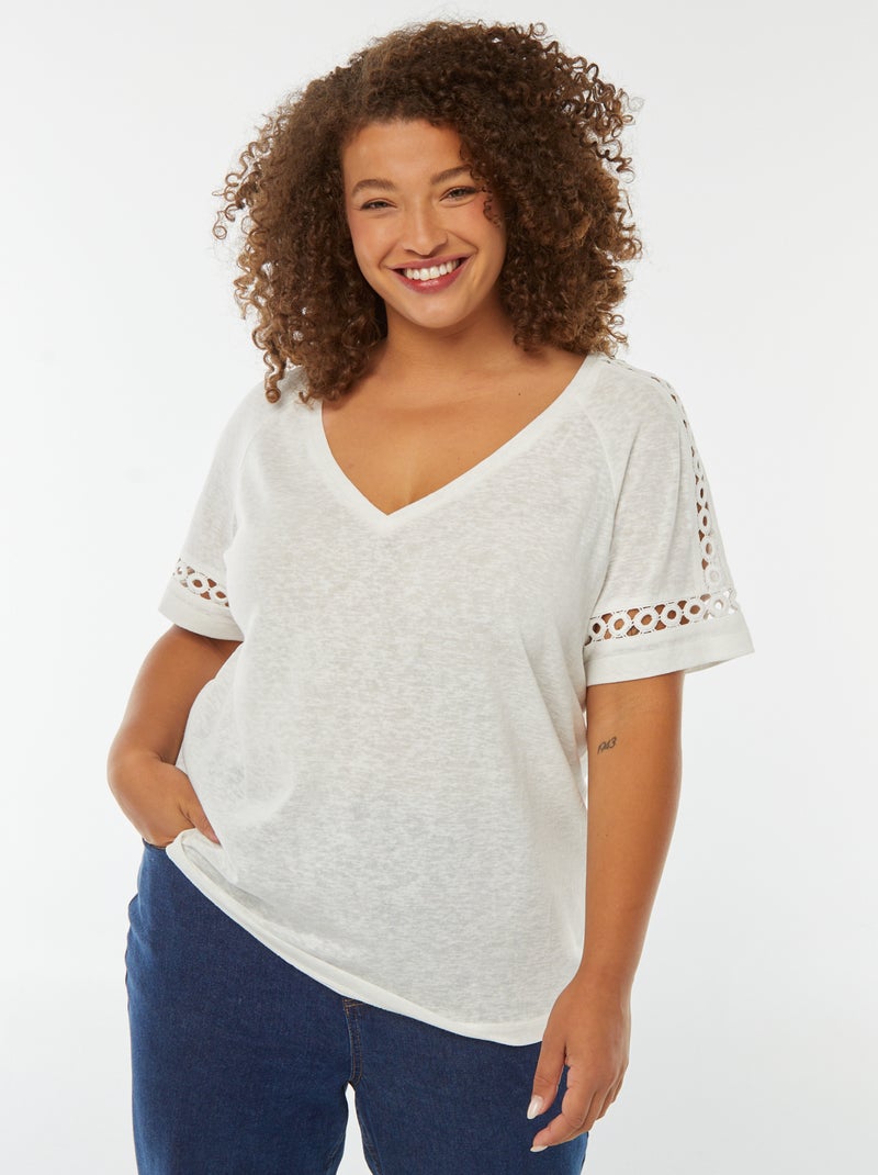 Camiseta de punto torcido con detalles de macramé Blanco - Kiabi