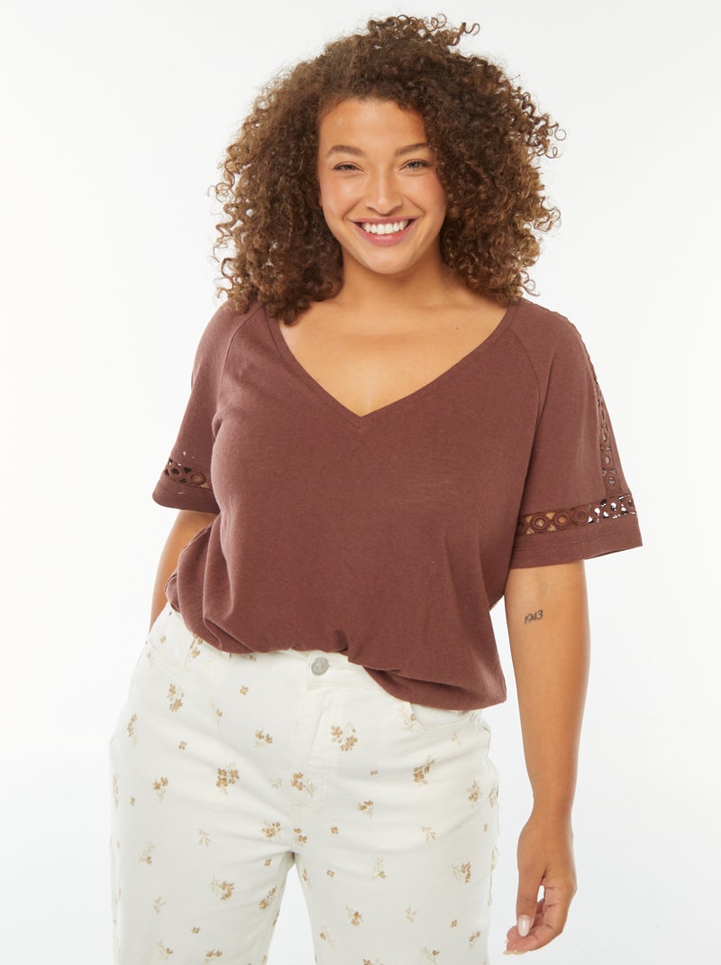 Camiseta de punto torcido con detalles de macramé Marron - Kiabi