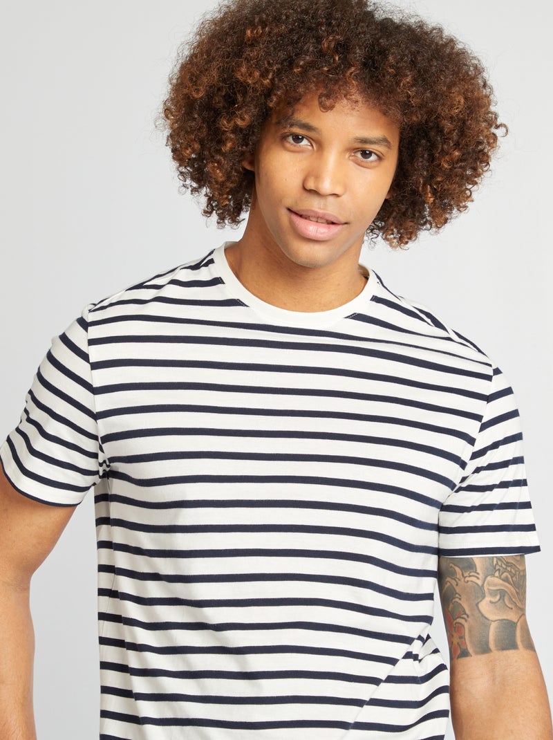 Camiseta de rayas de manga corta con cuello redondo BLANCO - Kiabi